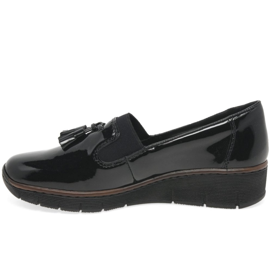 Schwarz Rieker Glanz Damen Loafer Mit Tassel