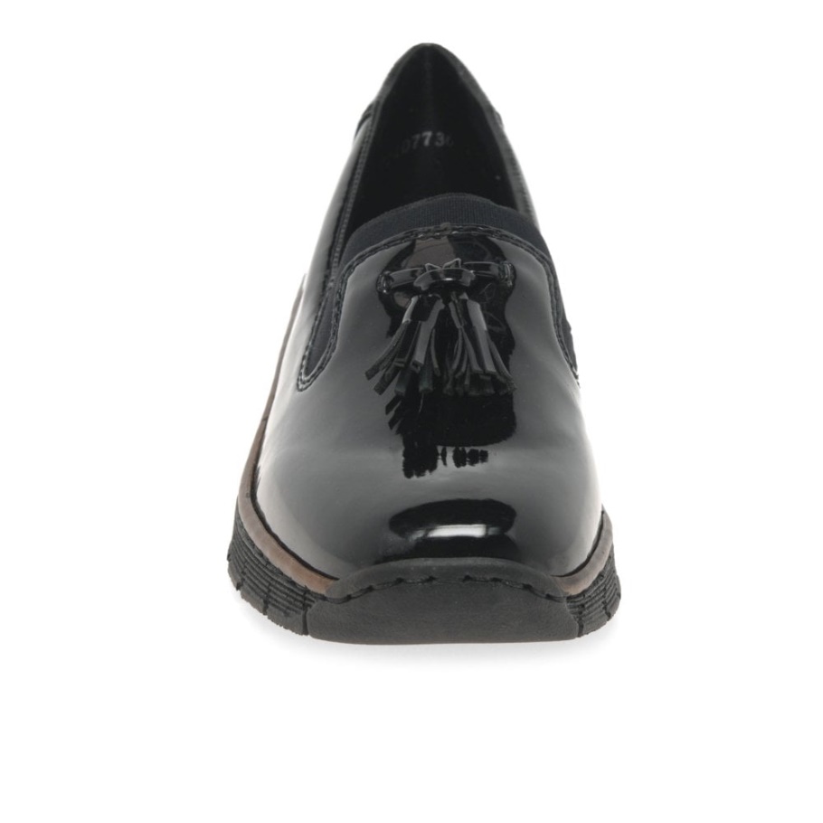 Schwarz Rieker Glanz Damen Loafer Mit Tassel