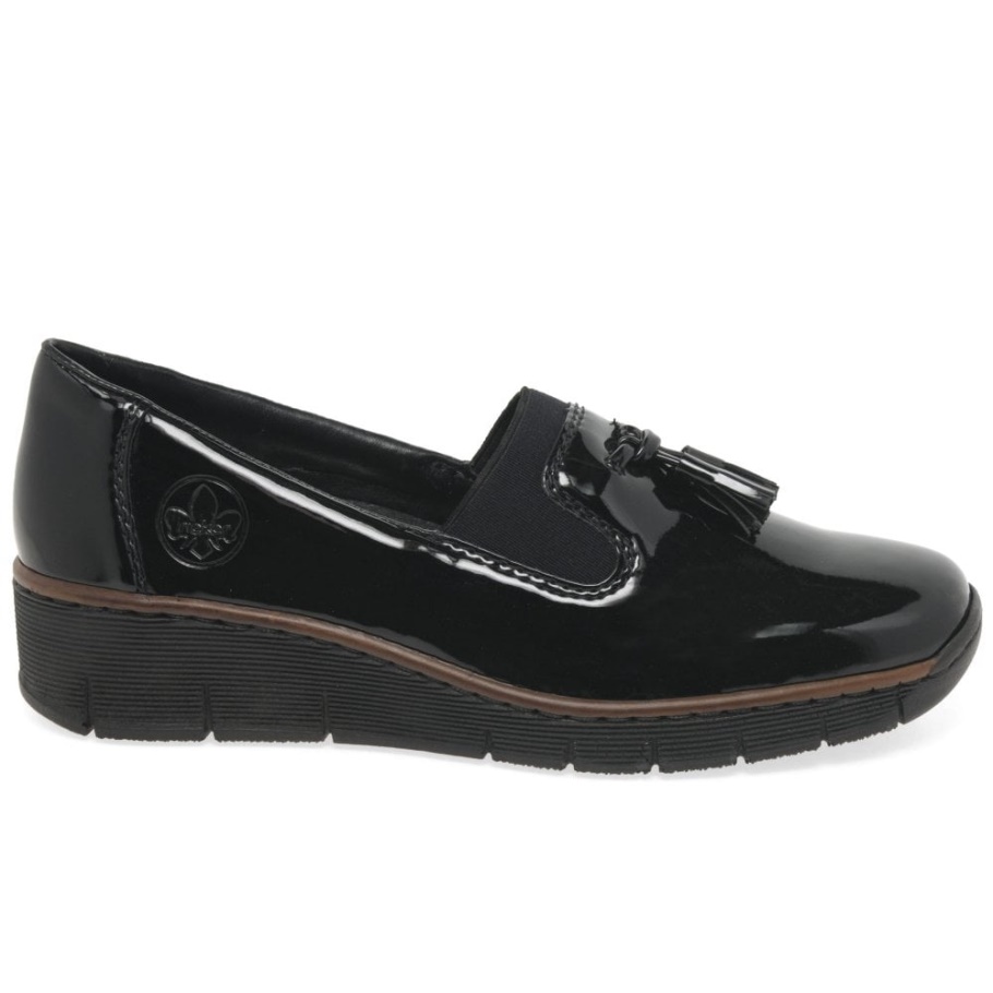 Schwarz Rieker Glanz Damen Loafer Mit Tassel
